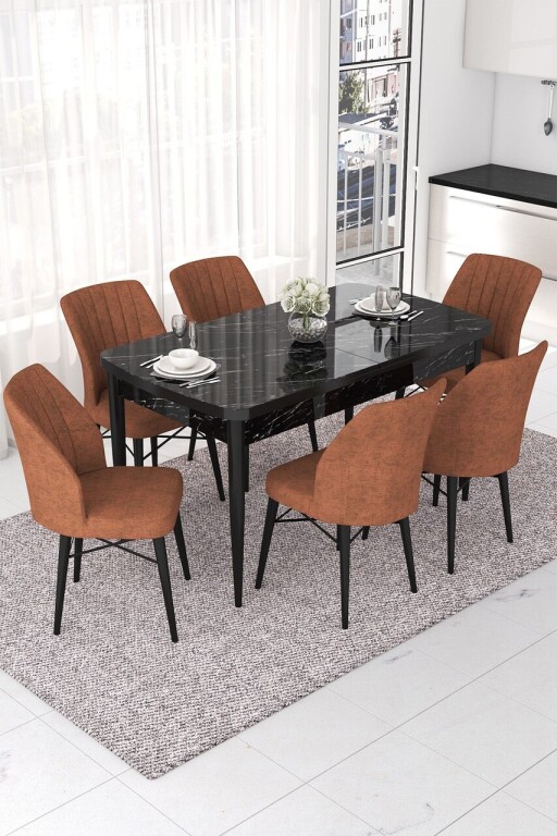 Set masa extensibila si scaune, Hanah Home, Nef, Marmură neagră / Roșu de faianță