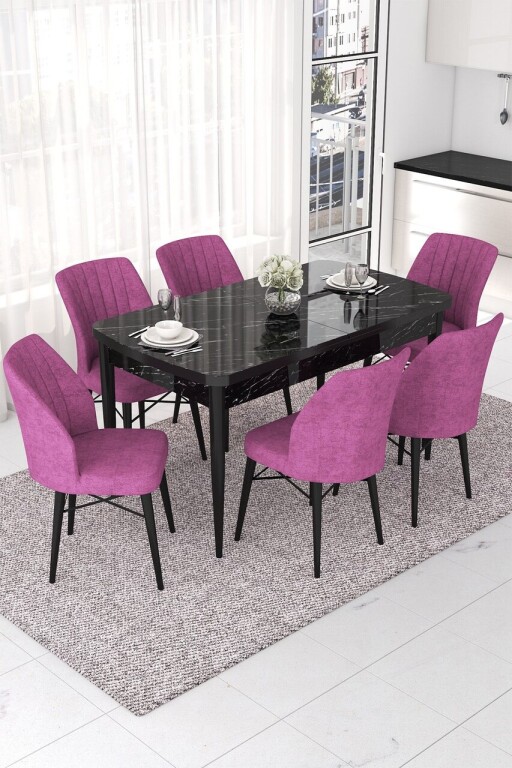 Set masa extensibila si scaune, Hanah Home, Nef, Marmură neagră / Violet
