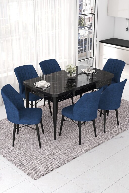 Set masa extensibila si scaune, Hanah Home, Nef, Marmură neagră / Albastru marin