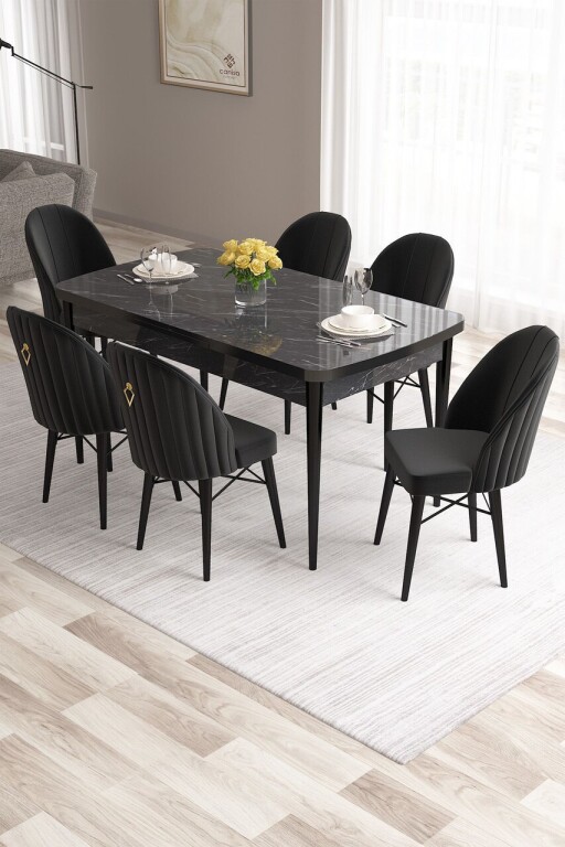 Set masa extensibila si scaune, Hanah Home, Roz, Marmură neagră / Negru