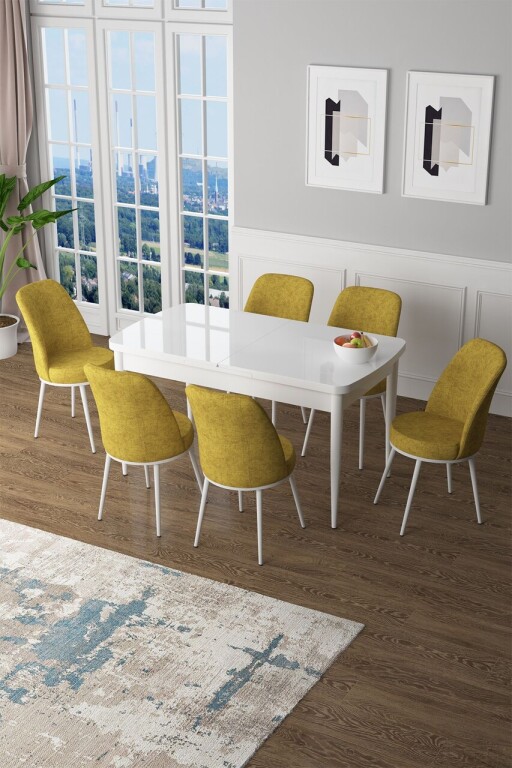 Set masa extensibila si scaune, Hanah Home, Zen, Alb/Muștar