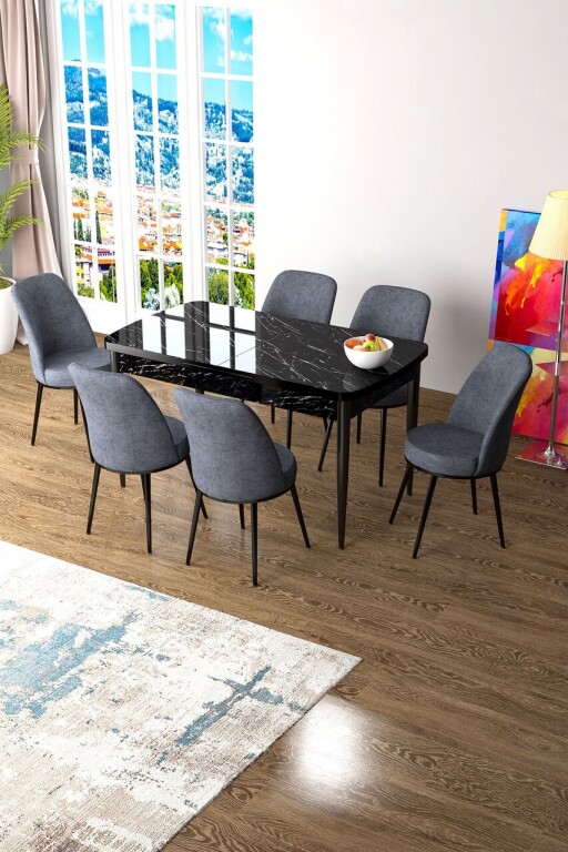 Set masa extensibila si scaune, Hanah Home, Zen, Marmură neagră / Fumure