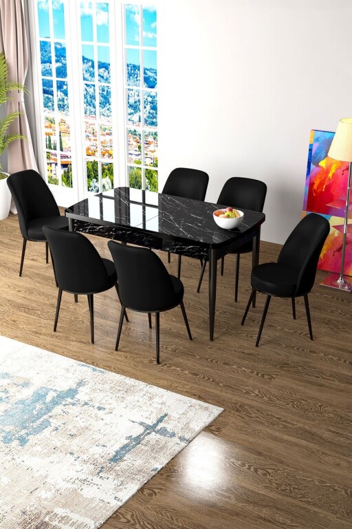 Set masa extensibila si scaune, Hanah Home, Zen, Marmură neagră / Negru