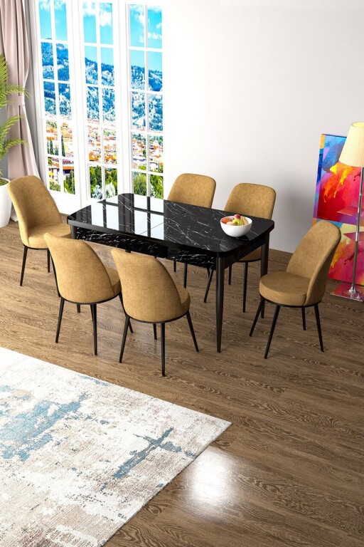 Set masa extensibila si scaune, Hanah Home, Zen, Marmură neagră / Cappuccino