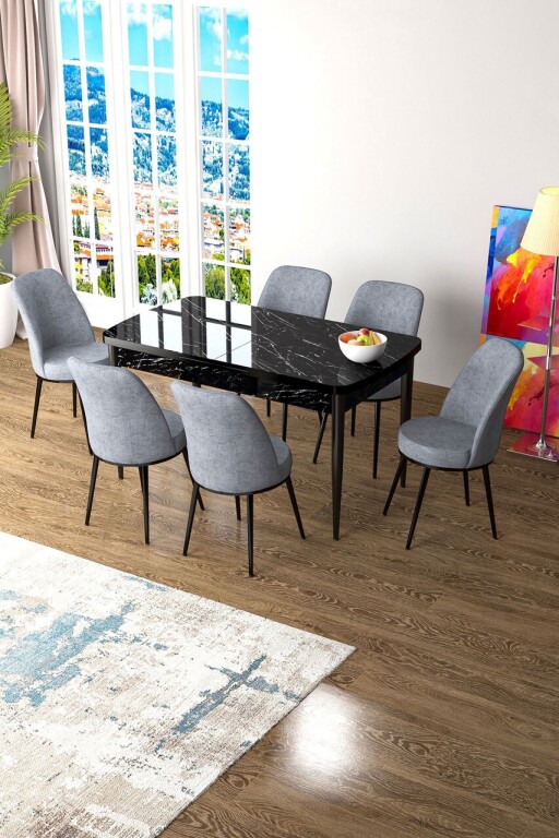 Set masa extensibila si scaune, Hanah Home, Zen, Marmură neagră / Gri