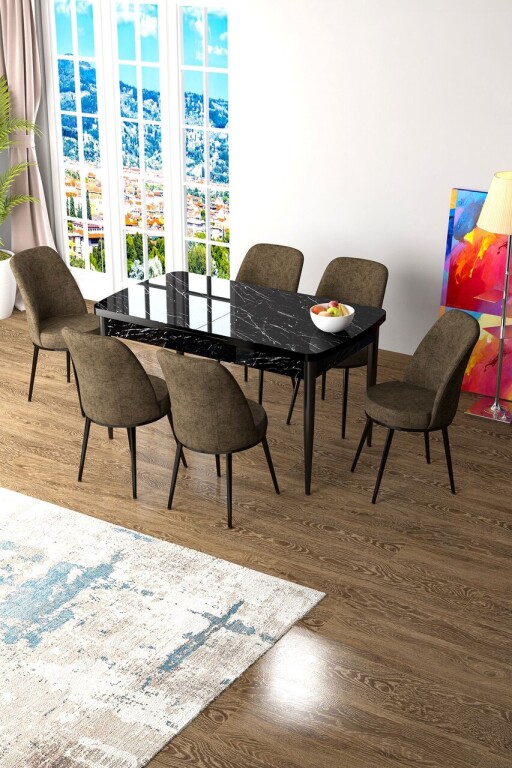 Set masa extensibila si scaune, Hanah Home, Zen, Marmură neagră / Maro