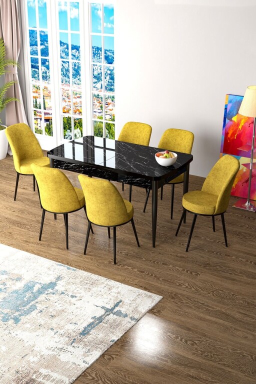 Set masa extensibila si scaune, Hanah Home, Zen, Marmură neagră / Muștar