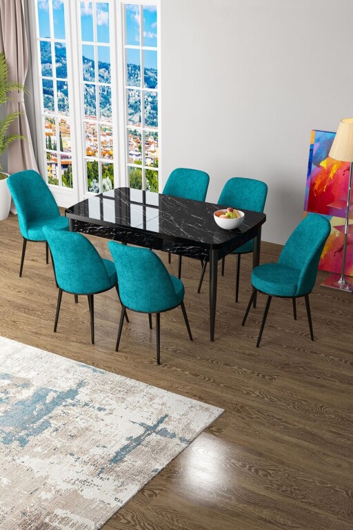 Set masa extensibila si scaune, Hanah Home, Zen, Marmură neagră / Turcoaz