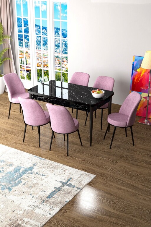 Set masa extensibila si scaune, Hanah Home, Zen, Marmură neagră / Roz