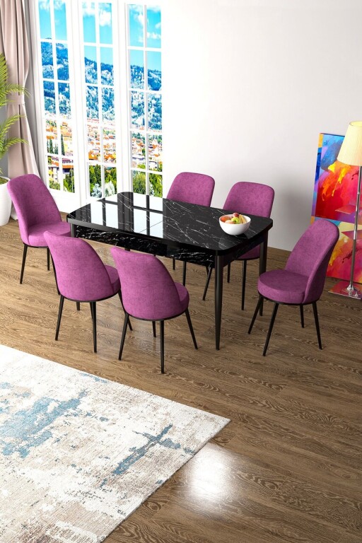 Set masa extensibila si scaune, Hanah Home, Zen, Marmură neagră / Violet