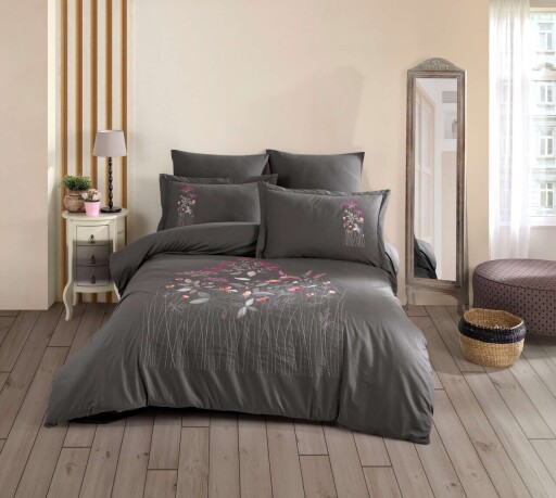 Set de huse de pilotă duble din poplin brodat, L'essentiel Maison, Emilia, Gri