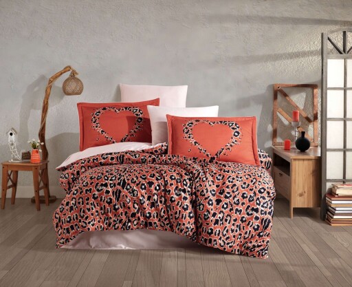Lenjerie de pat dubla, L'essentiel Maison, Aura, Coral / Pudră / Negru
