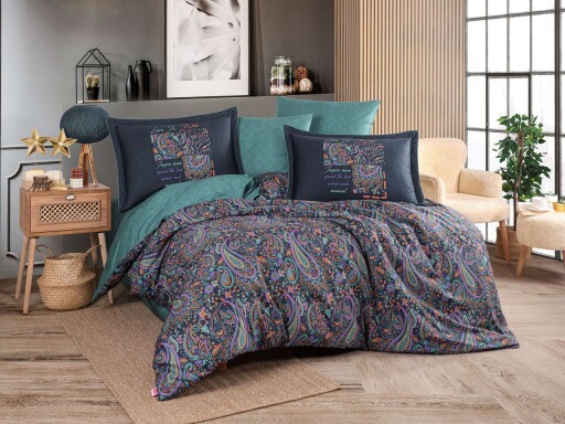 Lenjerie de pat dubla Exclusive Satin 6 piese, L'essentiel Maison, Clementina, Verde / Mov / Portocaliu / Albastru închis