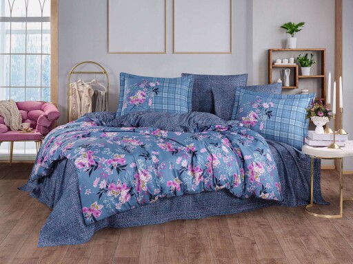 Lenjerie de pat dubla Exclusive Satin 6 piese, L'essentiel Maison, Victoria, Albastru/Roz