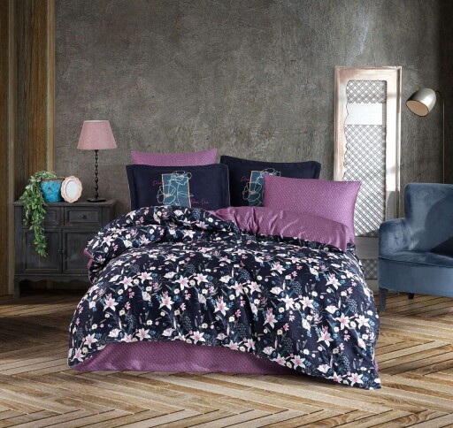Set de huse de pilotă duble din satin Tencel, L'essentiel Maison, Adelita, Mov / Albastru închis / Alb