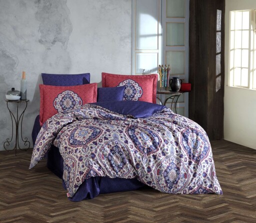 Set de huse de pilotă duble din satin Tencel, L'essentiel Maison, Amanda, Mov / Gri / Roșu