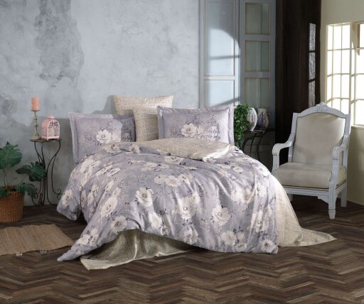 Set de huse de pilotă duble din satin Tencel, L'essentiel Maison, Clarinda, Gri / Alb / Bej