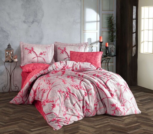 Set de huse de pilotă duble din satin Tencel, L'essentiel Maison, Jasmin, Roz / Roșu / Gri