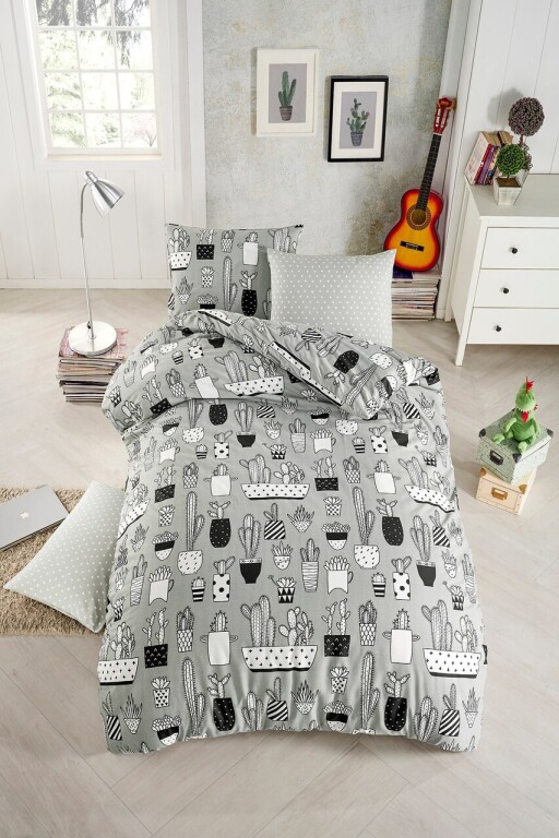 Lenjerie de pat dubla, L'essentiel Maison, Cactus Fitted, Gri / Negru / Alb