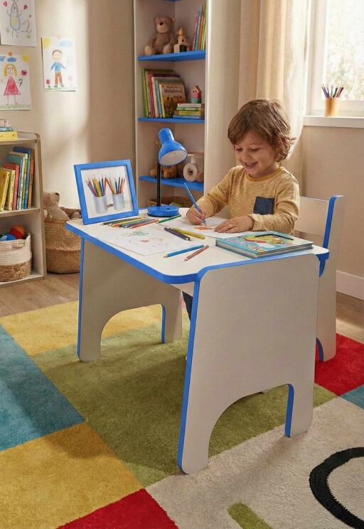 Set masa si scaun pentru copii, Hanah Home, Artmtktbchrset, Albastru/Alb