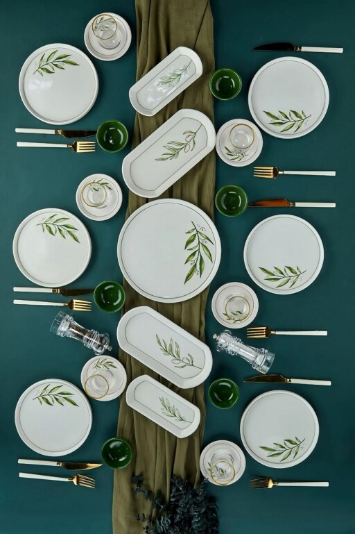 Set de mic dejun, Hermia, 759NRE1119, Farfurie de servire: 20 x 20 cm (6 bucăți), Alb / Verde / Verde deschis