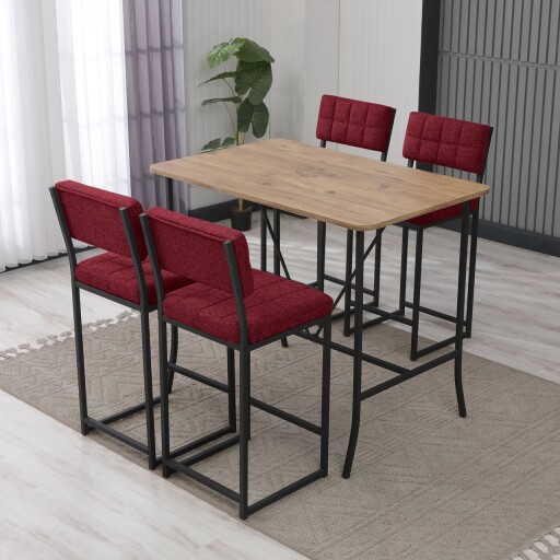Set masa si 4 scaune de bar, Hanah Home, Retro, Burgundia / Nuc