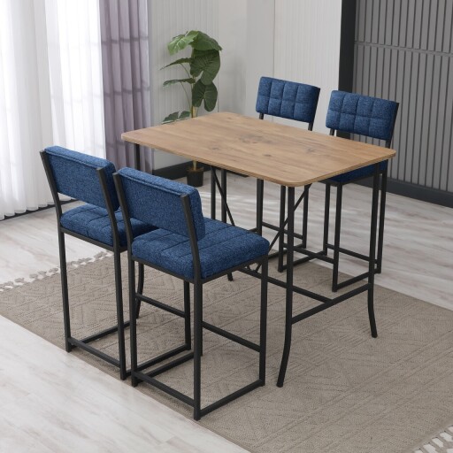 Set masa si 4 scaune de bar, Hanah Home, Retro, Albastru marin / Nuc