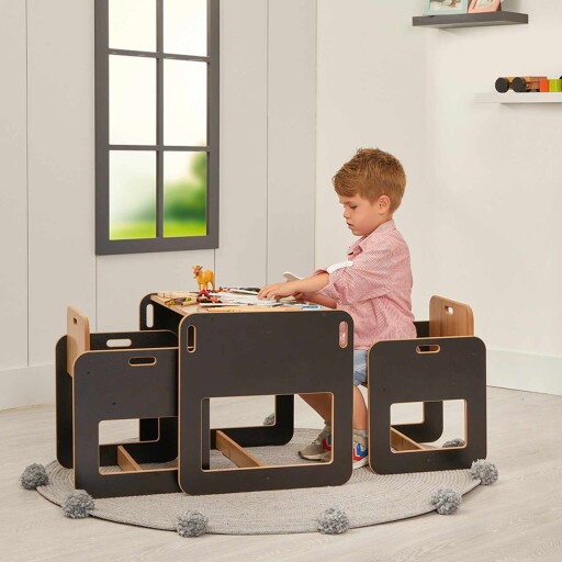 Set masa si scaun pentru copii, Hanah Home, Dove 2, Negru / Natural