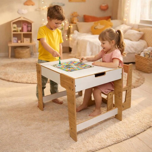 Set masa si scaun pentru copii, Hanah Home, Phoenix 1 Ch, Alb / Natural