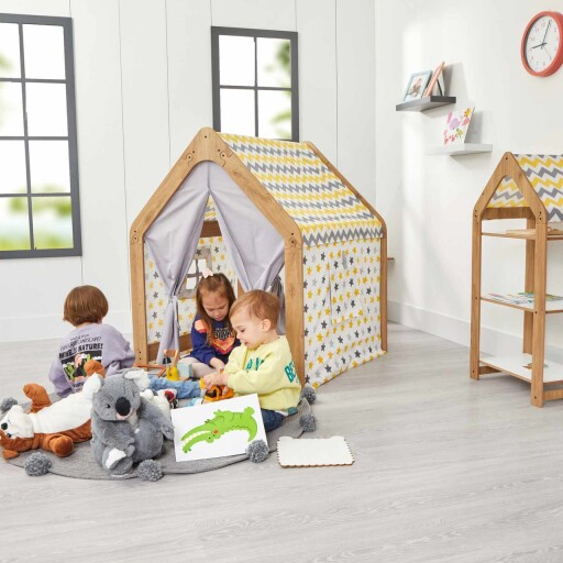 Cort de joaca pentru copii, Hanah Home, Wooden Tent, 95x114x90 cm, Natural / Alb / Galben