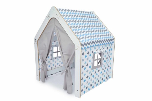 Cort de joaca pentru copii, Hanah Home, Wooden Tent, 95x114x90 cm, Alb/Albastru