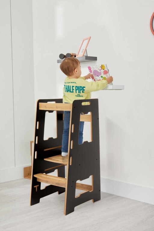 Turn de invatare, Hanah Home, Learning Tower, 40x90x50 cm, Negru / Natural