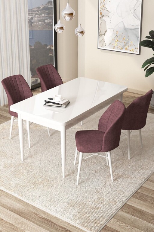 Set masă și scaune (5 bucăți), Hanah Home, Arp, Alb / Roz Păduros