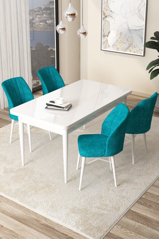 Set masă și scaune (5 bucăți), Hanah Home, Arp, Alb / Turcoaz