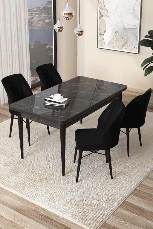 Set masă și scaune (5 bucăți), Hanah Home, Arp, Marmură neagră / Negru