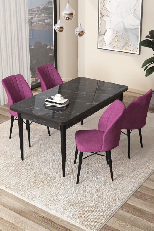 Set masă și scaune (5 bucăți), Hanah Home, Arp, Marmură neagră / Violet