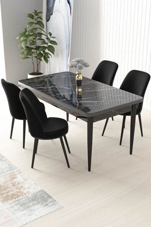Set masă și scaune (5 bucăți), Hanah Home, Nil, Marmură neagră / Negru
