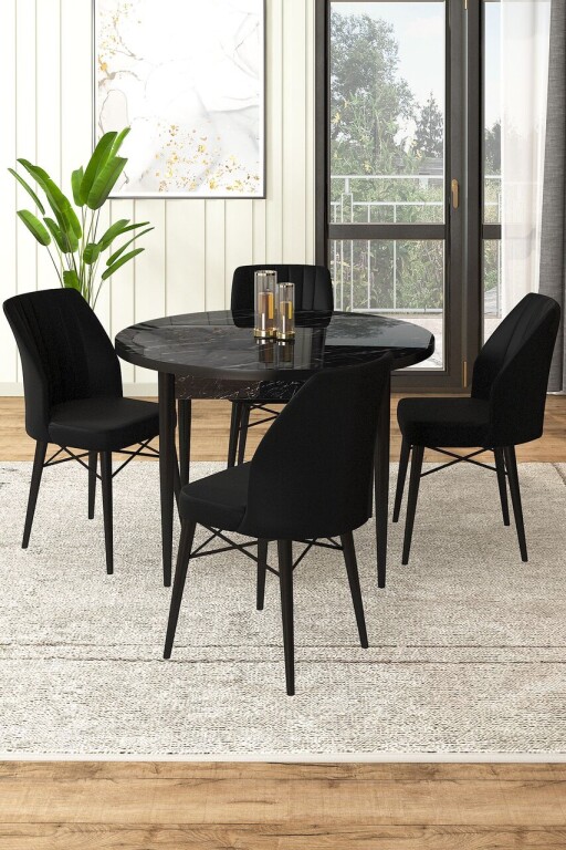Set masă și scaune (5 bucăți), Hanah Home, Rox, Marmură neagră / Negru