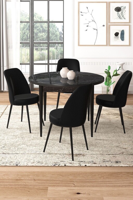 Set masă și scaune (5 bucăți), Hanah Home, Tor, Marmură neagră / Negru