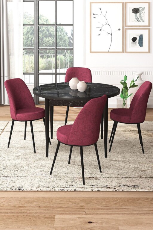 Set masă și scaune (5 bucăți), Hanah Home, Tor, Marmură neagră / Burgundia