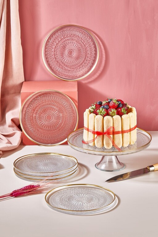 Set farfurii pentru desert, Hermia, 337GLZ1168, Suport pentru tort: 28 cm (1 bucată), Transparent