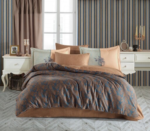 Lenjerie de pat dubla, L'essentiel Maison, Lotus, Bronz / Albastru