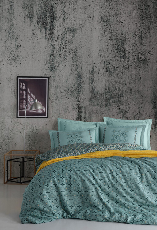 Lenjerie de pat dubla, L'essentiel Maison, Minimal, Albastru / Galben / Negru