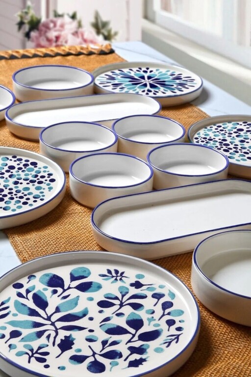 Set de mic dejun, Hermia, 430KSV1369, Platou: 25 x 11 x 3,5 cm (2 bucăți), Albastru/Alb