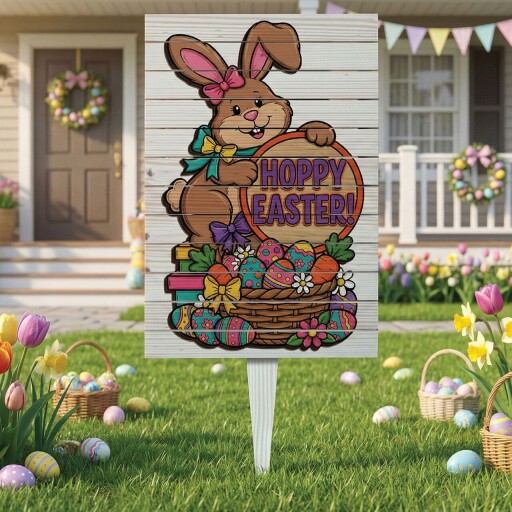 Semn de curte, Easter Bunny with Basket, 38x58 cm, Multicolor