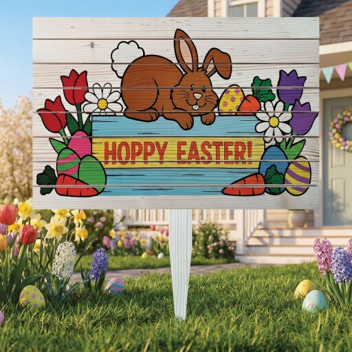 Semn de curte, Bunny Topping Easter, 58x38 cm, Multicolor