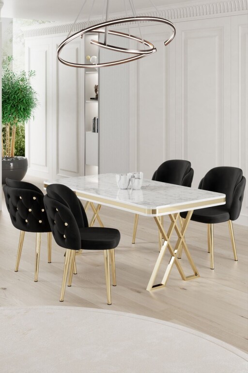 Set masă și scaune (5 bucăți), Hanah Home, Rigel, Alb / Auriu / Negru