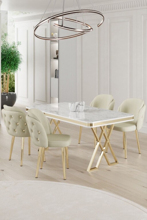Set masă și scaune (5 bucăți), Hanah Home, Rigel, Alb / Auriu / Crem