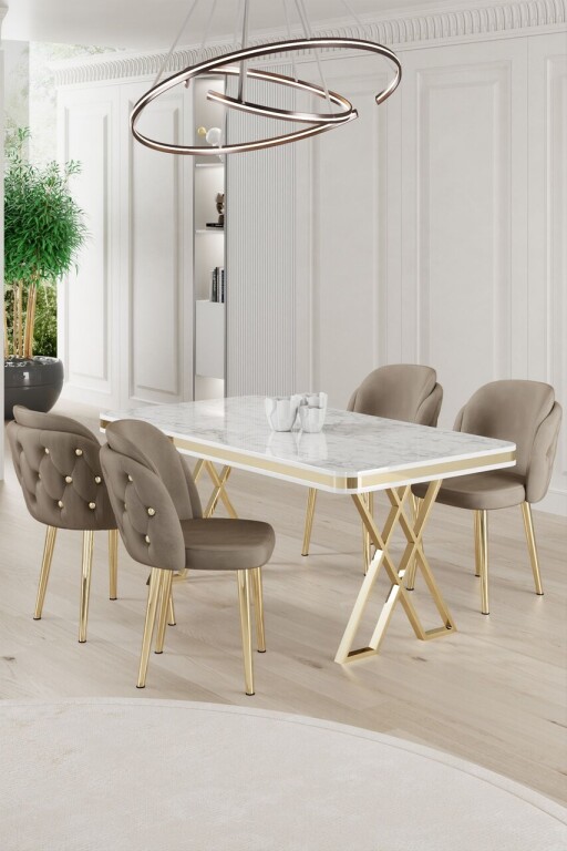 Set masă și scaune (5 bucăți), Hanah Home, Rigel, Alb / Auriu / Cappuccino
