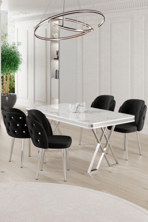 Set masă și scaune (5 bucăți), Hanah Home, Rigel, Alb / Crom / Negru